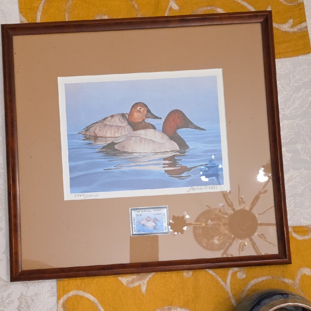 Framed Duck Art Stamp Print with Brown Frame.